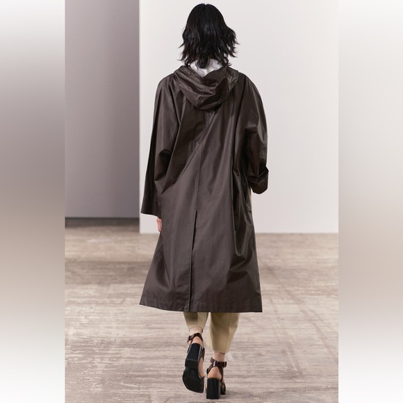 Zara Long Brown Burgundy Light Jacket High collar Drawstring Hood size XS-S NWT - Picture 4 of 16